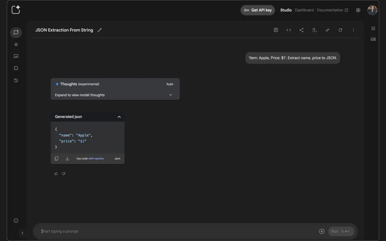 Google AI Studio conversation canvas showing structured JSON output alongside the model’s thoughts