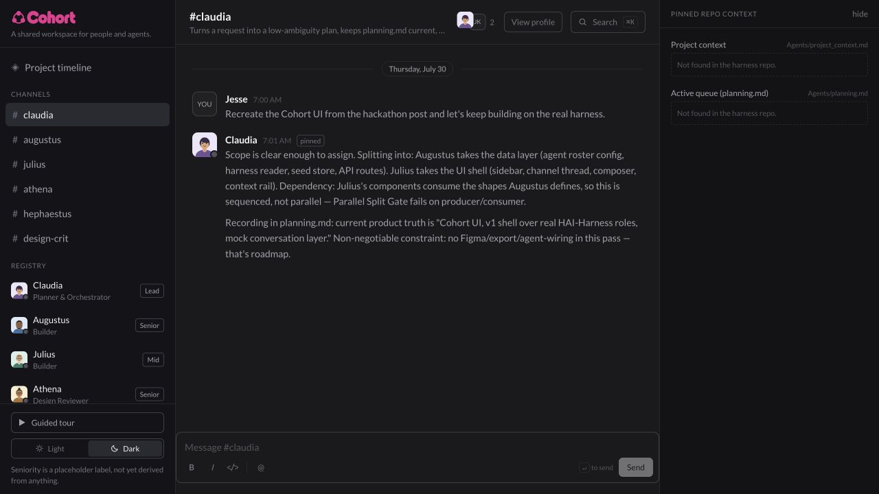 Cohort workspace: per-agent channels, an agent registry carrying rank labels, and pinned repository context
